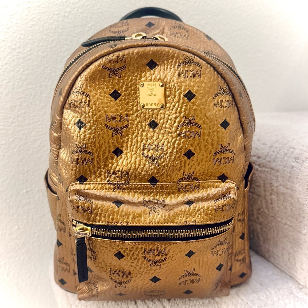MCM Monogram Metallic Visetos Small Stark Backpack in Gold Bronze